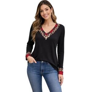 Magic fit festive holiday leapord trim v neck blouse tunic length sz L Christmas